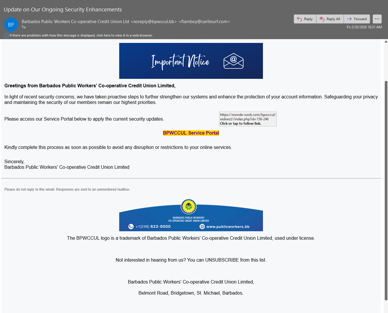 Credit union phishing email visual 2